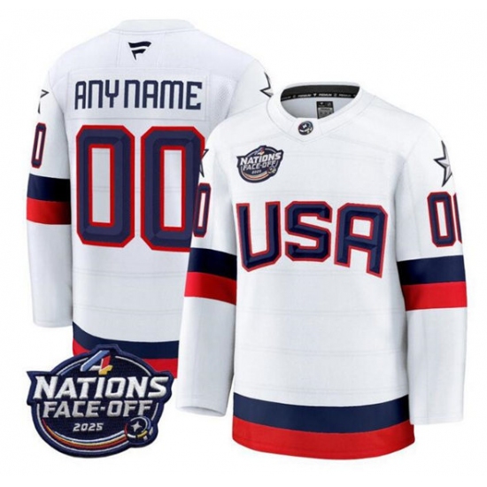 Men's USA Active Player Custom White 2025 4 Nations Face-Off Stitched Jersey