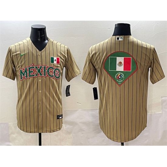 Men's Mexico Baseball Tan 2023 World Baseball Classic Team Big Logo Stitched Jerseys