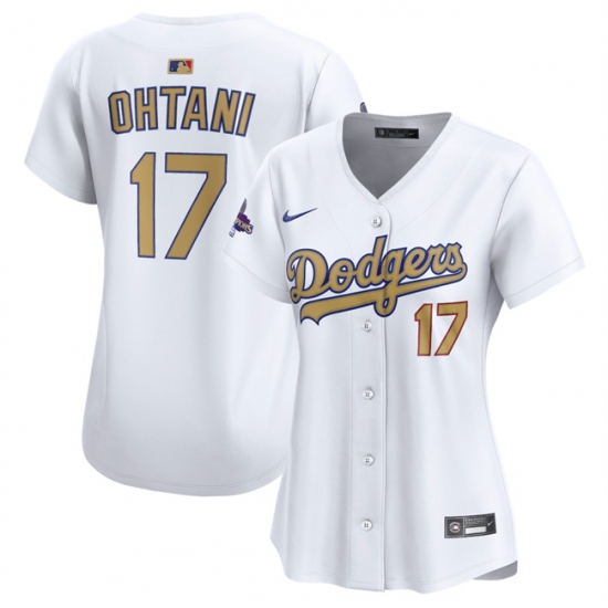 Women's Los Angeles Dodgers 17 Shohei Ohtani White 2025 Gold Collection Limited Stitched Baseball Jersey(Run Small)