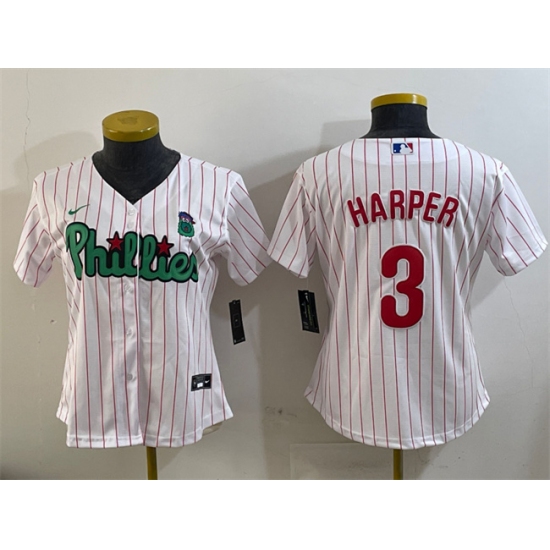 Women's Philadelphia Phillies 3 Bryce Harper Phanatic White Stitched Baseball Jersey(Run Small)