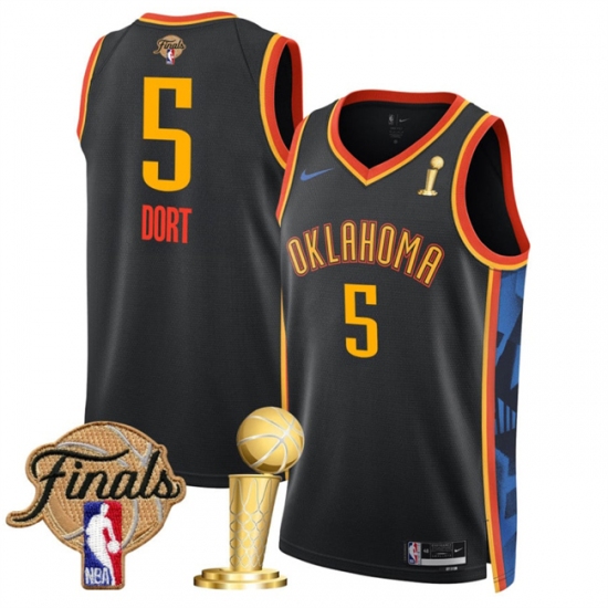 Men's Oklahoma City Thunder 5 Luguentz Dort Black 2025 Finals And Finals Champions City Edition Stitched Basketball Jersey