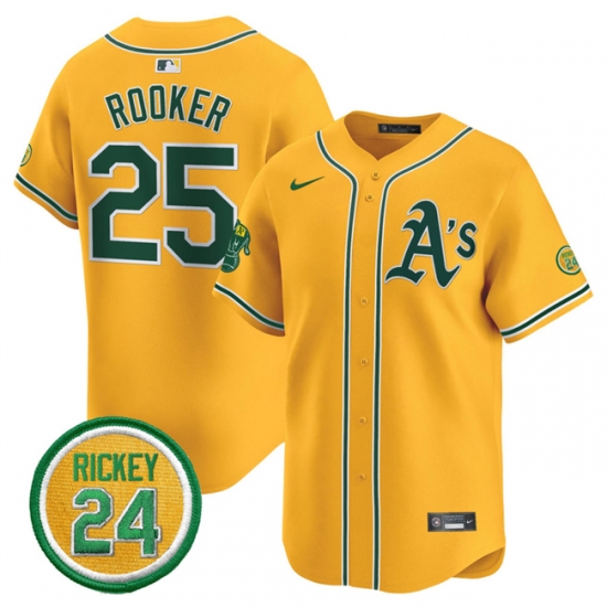 Men's Oakland Athletics 25 Brent Rooker Yellow 2024 Limited With Rickey Henderson Stitched Jersey