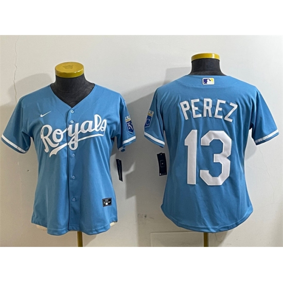 Women's Kansas City Royals 13 Salvador Perez Light Blue Cool Base Stitched Jersey(Run Small)
