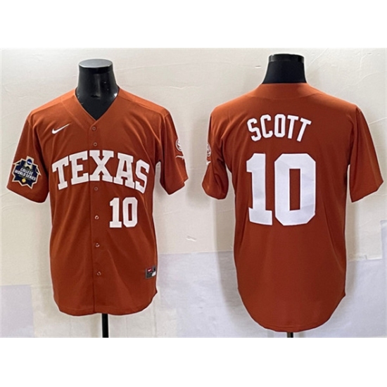 Men's Texas Longhorns 10 Mia Scott Orange 2025 World Series & SEC Patch Stitched Jersey