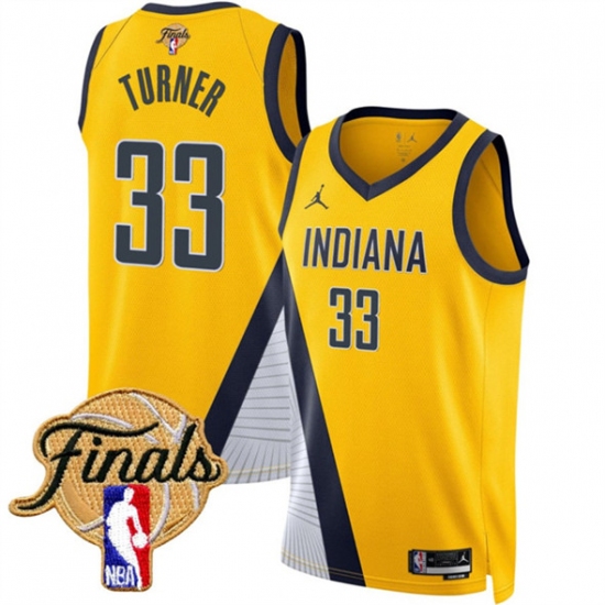 Men's Indiana Pacers 33 Myles Turner Yellow 2025 Finals Statement Edition Stitched Basketball Jersey