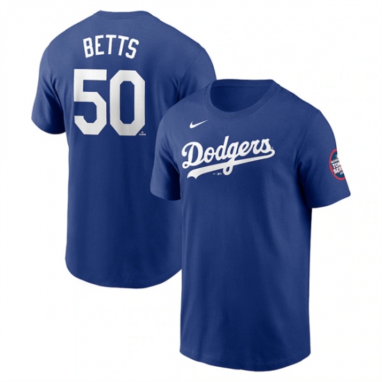 Men's Los Angeles Dodgers 50 Mookie Betts Royal 2025 Tokyo Series Name & Number T-Shirt