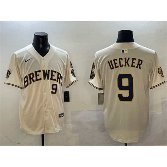 Men's Milwaukee Brewers 9 Bob Uecker Cream With Home Limited Stitched Baseball Jersey