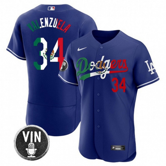Men's Los Angeles Dodgers 34 Fernando Valenzuela Royal Mexico Special Vin Scully Flex Base Stitched Baseball Jersey