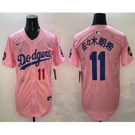 Men's Los Angeles Dodgers 11 Roki Sasaki Pink Japanese 2025 Tokyo Series Limited Jersey