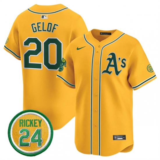 Men's Oakland Athletics 20 Zack Gelof Yellow 2024 Limited With Rickey Henderson Stitched Jersey