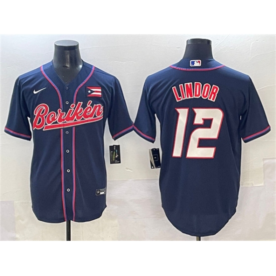 Men's Puerto Rico Baseball 12 Francisco Lindor Navy 2023 World Baseball Classic Stitched Jersey