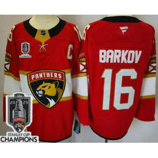 Men's Florida Panthers 16 Aleksander Barkov Red 2025 Stanley Cup Champions Authentic Jersey