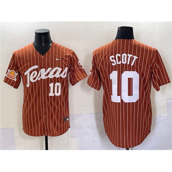 Men's Texas Longhorns 10 Mia Scott Orange Pinstripe 2025 Softball National Champions & SEC Patch Stitched Jersey