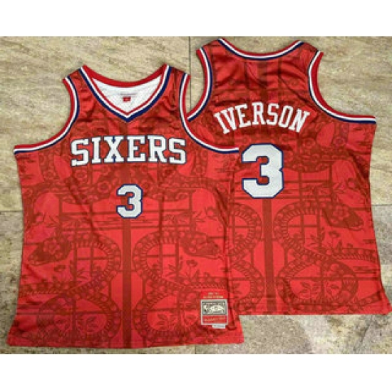 Men's Philadelphia 76ers 3 Allen Iverson Red Snakeskin Hardwood AU Throwback Jersey