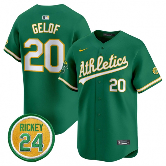 Men's Oakland Athletics 20 Zack Gelof Green 2024 Limited With Rickey Henderson Stitched Jersey