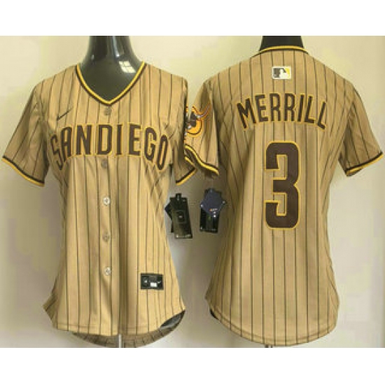 Women's San Diego Padres 3 Jackson Merrill Khaki Pinstripe Limited Stitched Jersey