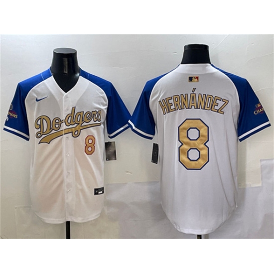 Men's Los Angeles Dodgers 8 Enrique Hernandez White Royal Gold 2024 World Series Champions Vapor Limited Stitched Baseball Jersey