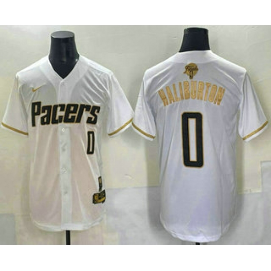 Men's Indiana Pacers 0 Tyrese Haliburton White Gold 2025 Finals Vapor Stitched Baseball Jersey
