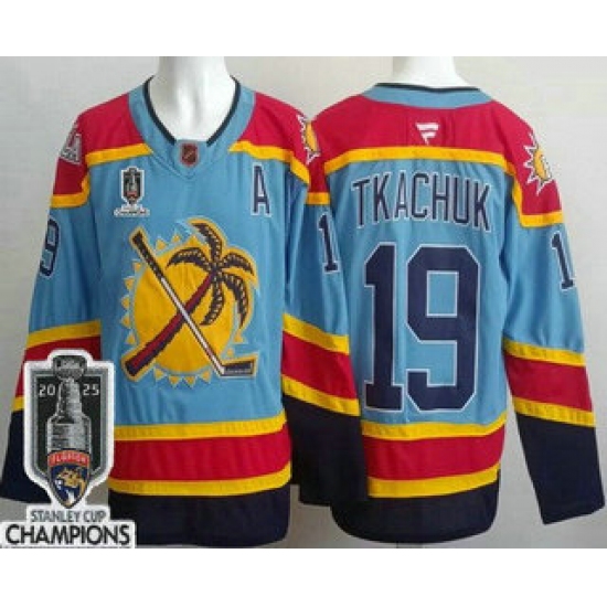 Men's Florida Panthers 19 Matthew Tkachuk Blue 2025 Stanley Cup Champions Authentic Jersey