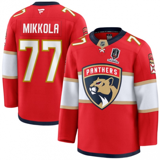 Men's Florida Panthers 77 Niko Mikkola Red Home 2025 Stanley Cup Champions Stitched Jersey