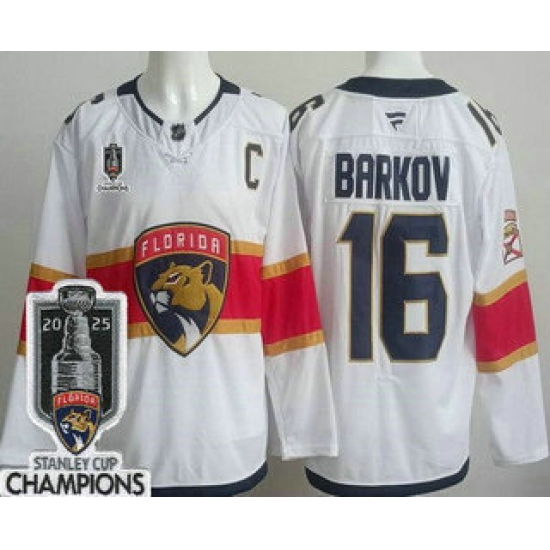 Men's Florida Panthers 16 Aleksander Barkov White 2025 Stanley Cup Champions Authentic Jersey