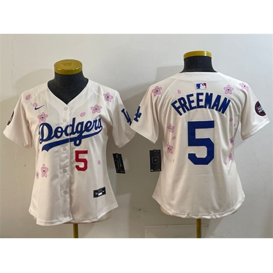 Women's Los Angeles Dodgers 5 Freddie Freeman Cream 2025 Tokyo Series Limited Stitched Baseball Jersey(Run Small)