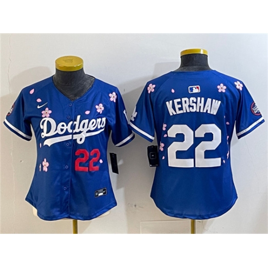 Women's Los Angeles Dodgers 22 Clayton Kershaw Royal 2025 Tokyo Series Limited Stitched Baseball Jersey(Run Small)