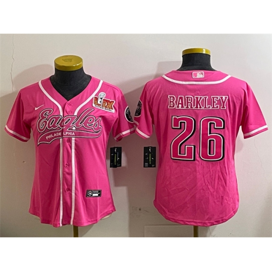 Women's Philadelphia Eagles 26 Saquon Barkley Pink 2025 Super Bowl LIX Cool Base Stitched Baseball Jersey(Run Small)