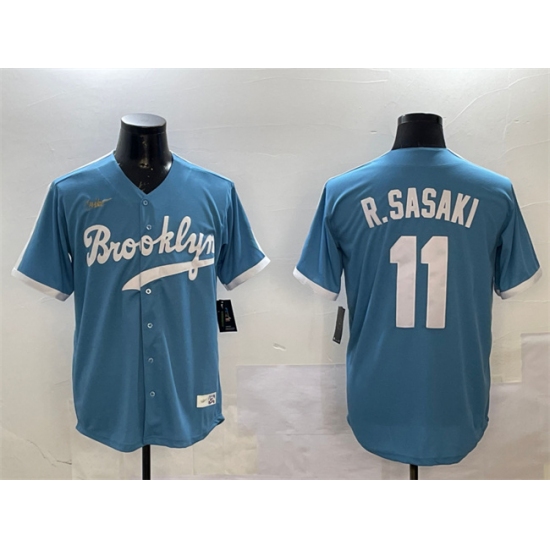 Men's Los Angeles Dodgers 11 Roki Sasaki Blue Throwback Stitched Baseball Jersey