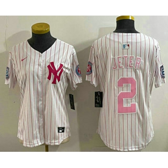 Women's New York Yankees 2 Derek Jeter White Pink Pinstripe Fashion Cool Base Jersey