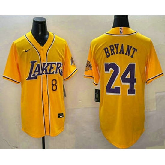 Men's Los Angeles Lakers 8 24 Kobe Bryant Yellow Purple With Cool Base Stitched Baseball Jersey