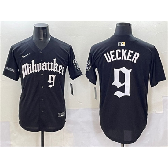 Men's Milwaukee Brewers 9 Bob Uecker Black 'Gothic 414 Shadows Edition' Vapor Premier Limited Stitched Jersey