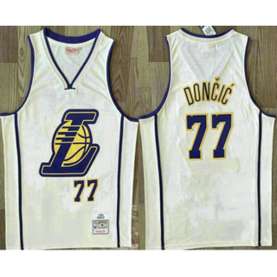 Men's Los Angeles Lakers 77 Luka Doncic Cream Throwback Swingman Jersey