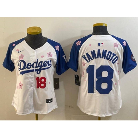 Women's Los Angeles Dodgers 18 Yoshinobu Yamamoto White Royal 2025 Tokyo Series Limited Stitched Baseball Jersey