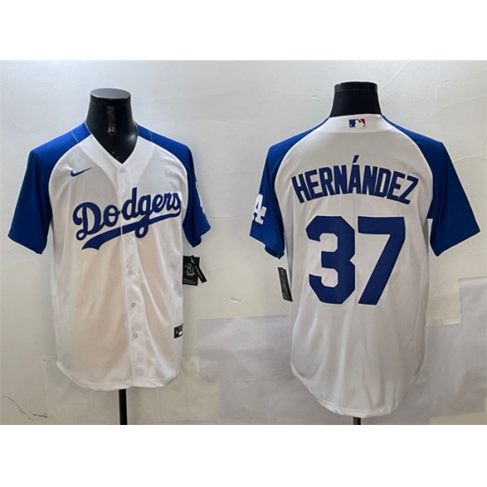 Men's Los Angeles Dodgers 37 Teoscar Hernandez White Blue Cool Base Stitched Baseball Jersey