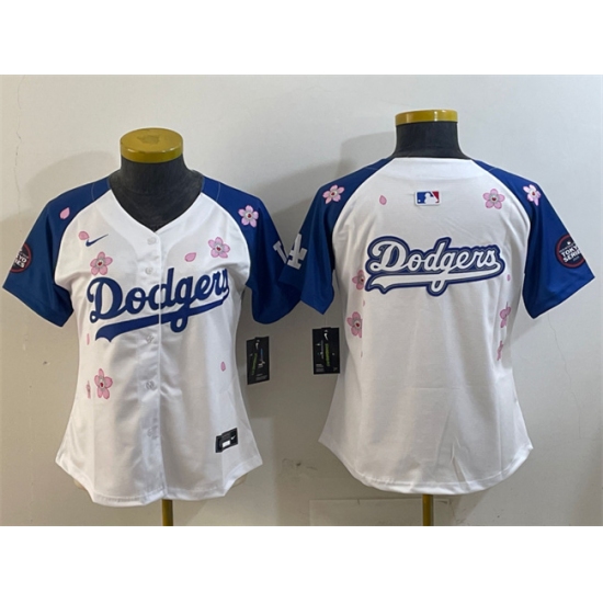 Women's Los Angeles Dodgers Team Big Logo White Royal 2025 Tokyo Series Limited Stitched Baseball Jersey(Run Small)