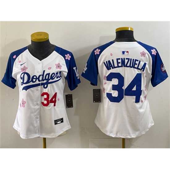 Women's Los Angeles Dodgers 34 Fernando Valenzuela White Royal 2025 Tokyo Series Limited Stitched Baseball Jersey(Run Small)