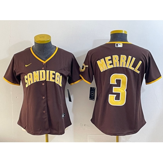 Women's San Diego Padres 3 Jackson Merrill Brown Stitched Baseball Jersey(Run Small)