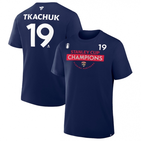 Men's Florida Panthers 19 Matthew Tkachuk Navy 2025 Stanley Cup Champions Pro Name & Number T-Shirt