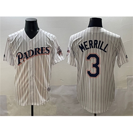 Men's San Diego Padres 3 Jackson Merrill White Throwback With Cool Base Stitched Baseball Jersey