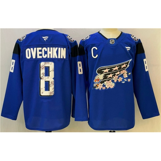 Men's Washington Capitals 8 Alex Ovechkin Blue Cherry Blossom With C Stitched Hockey Jersey