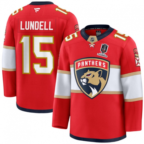 Men's Florida Panthers 15 Anton Lundell Red Home 2025 Stanley Cup Champions Stitched Jersey