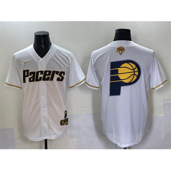 Men's Indiana Pacers Team Big Logo White Gold 2025 Finals Vapor Stitched Baseball Jersey