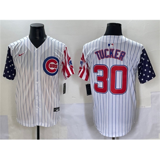 Men's Chicago Cubs 30 Kyle Tucker White Pinstripe 2025 Independence Day Vapor Premier Limited Stitched Baseball Jersey