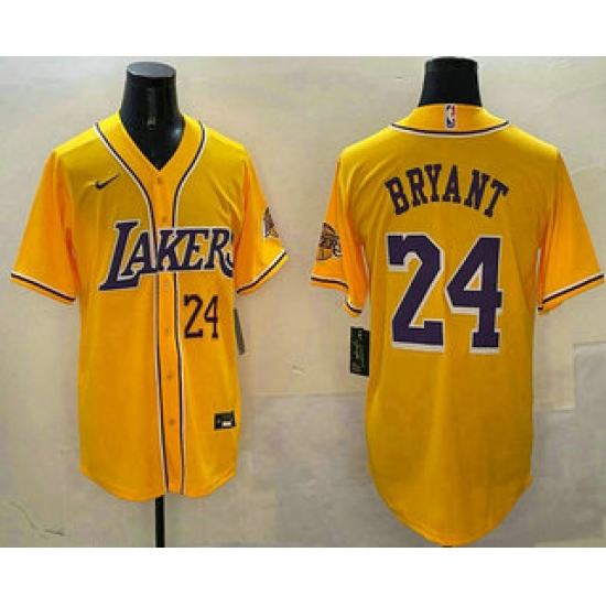 Men's Los Angeles Lakers 24 Kobe Bryant Number Yellow Purple With Cool Base Stitched Baseball Jersey
