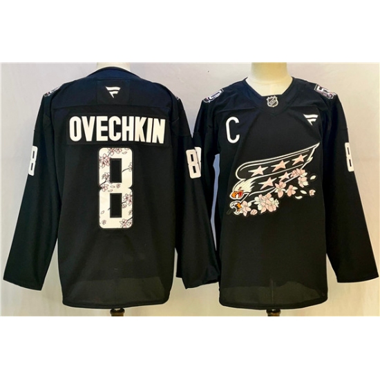 Men's Washington Capitals 8 Alex Ovechkin Black Cherry Blossom With C Stitched Hockey Jersey