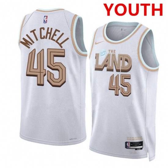 Youth Cleveland Cavaliers 45 Donovan Mitchell White City Edition Stitched Jersey