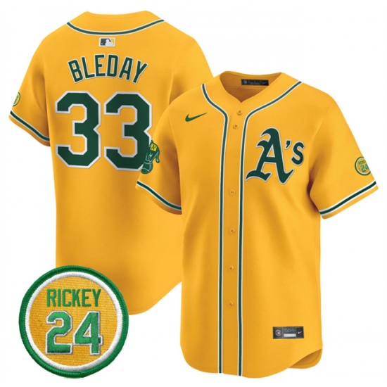 Men's Oakland Athletics 33 JJ Bleday Yellow 2024 Limited With Rickey Henderson Stitched Jersey