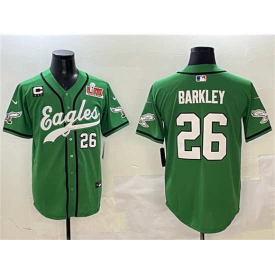 Men's Philadelphia Eagles 26 Saquon Barkley Green 2025 Super Bowl LIX And 3-Star C Stitched Baseball Jersey