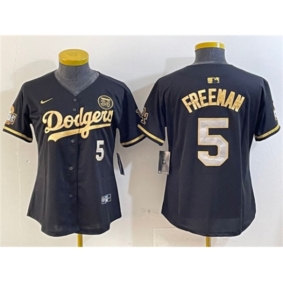 Women's Los Angeles Dodgers 5 Freddie Freeman Black Gold 2024 World Series With Fernando Vapor Limited Stitched Baseball Jersey(Run Small)